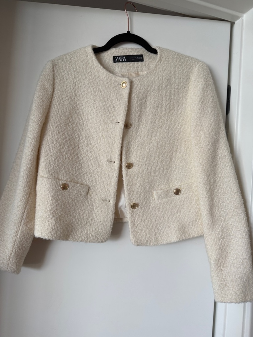 Zara Cream Bouclé Collarless Blazer with Gold Buttons